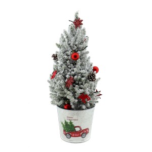 Dekorierte Zuckerhut-Fichte im Zinktopf mit rotem Deko-Schmuck und Schnee-Optik.