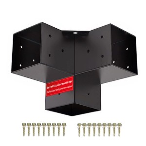 Schwarzer SOTECH 3-Wege-Eckverbinder aus verzinktem, pulverbeschichtetem Stahl für 90x90 mm Holzpfosten, mit Schrauben.