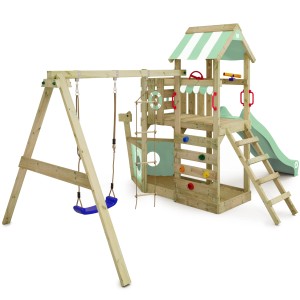 Wickey Spielturm SeaFlyer mit Rutsche und Schaukel in Pastellgrün.