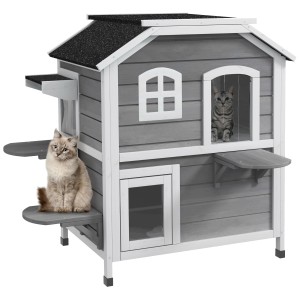 PawHut Katzenhaus mit 2 Etagen, Treppen und zwei Katzen. Ideal für drinnen und draußen.