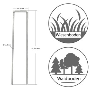 Silberner U-Erdanker aus verzinktem Stahl, 150x30mm. Ideal für Wiesen- & Waldboden, Garten & Camping.