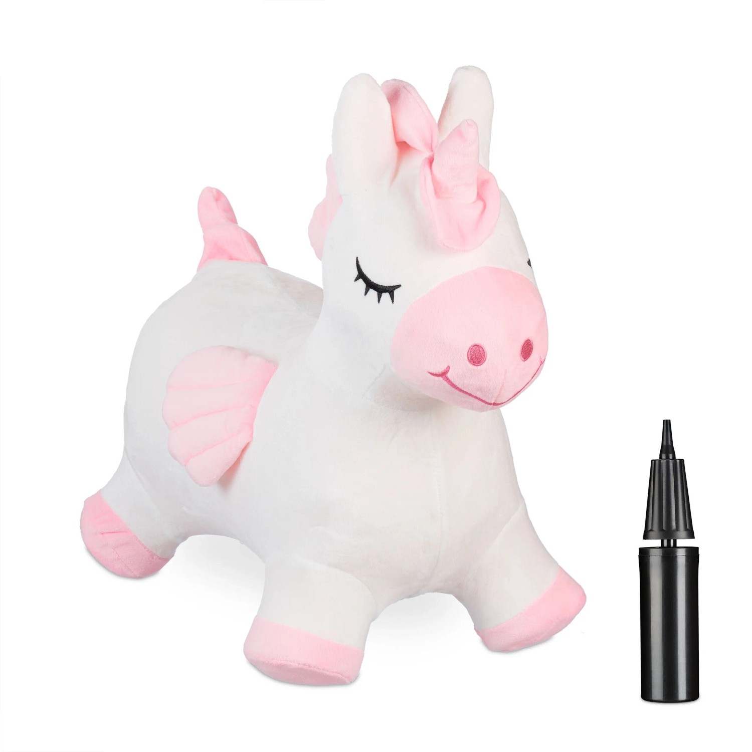 Relaxdays Hüpftier Einhorn PVC Polyester Weiß Rosa Aufblasbar mit Bezug 48 cm x 27 cm x 52 cm 1,6 kg