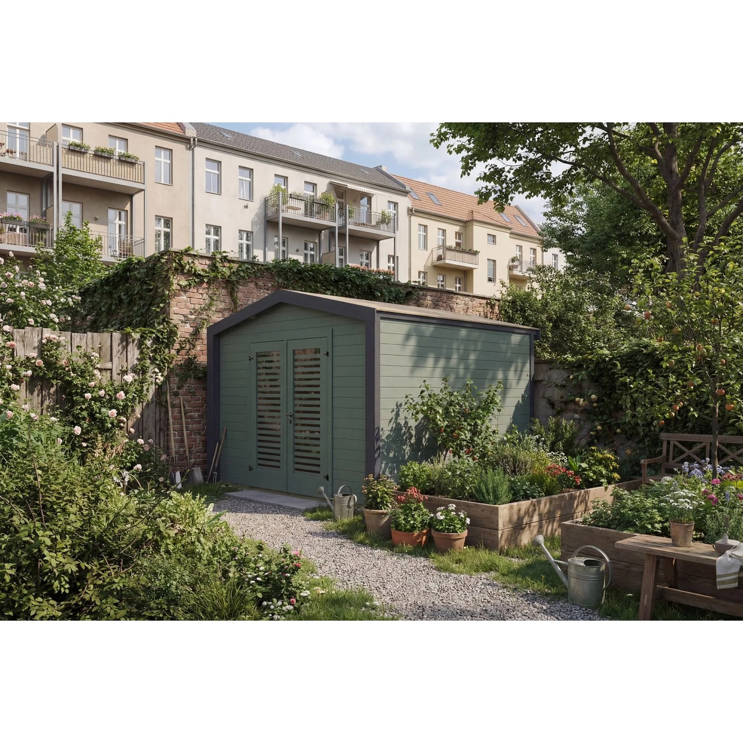 Weka Holz-Gartenhaus Killarney Satteldach Grau-Grün Lasiert 311 cm x 313 cm