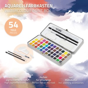 ECD Germany Aquarellfarben Set mit 48 Farben, Pinsel und Zubehör in Metallbox.
