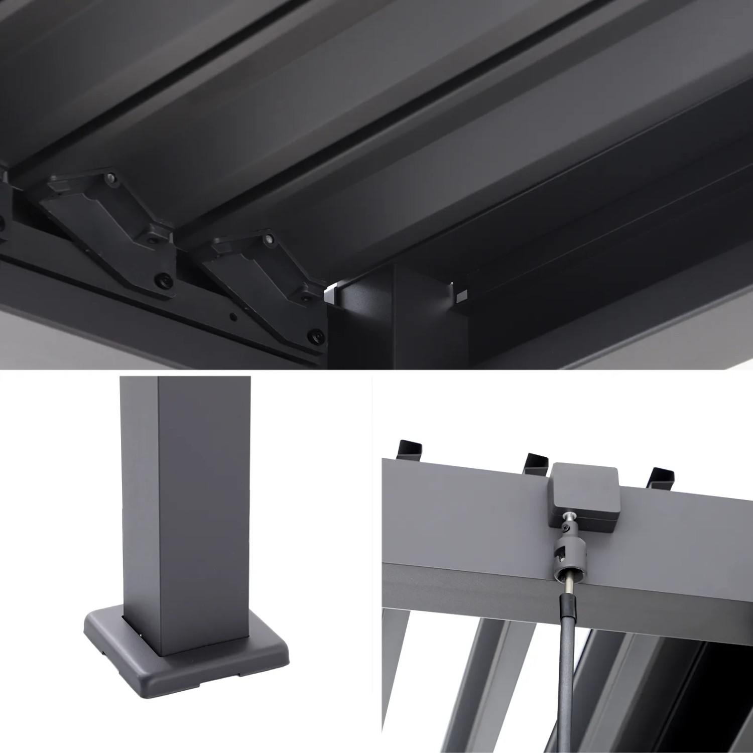 Details der MWH Pergola C110 Anthrazit: verstellbare Lamellen, stabiler Aluminiumfuß, manueller Sonnenschutzmechanismus.