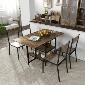 Ausgeklappter, rustikal-brauner HOMCOM Esstisch mit Stahlgestell, Ablagen und 4 Stühlen.