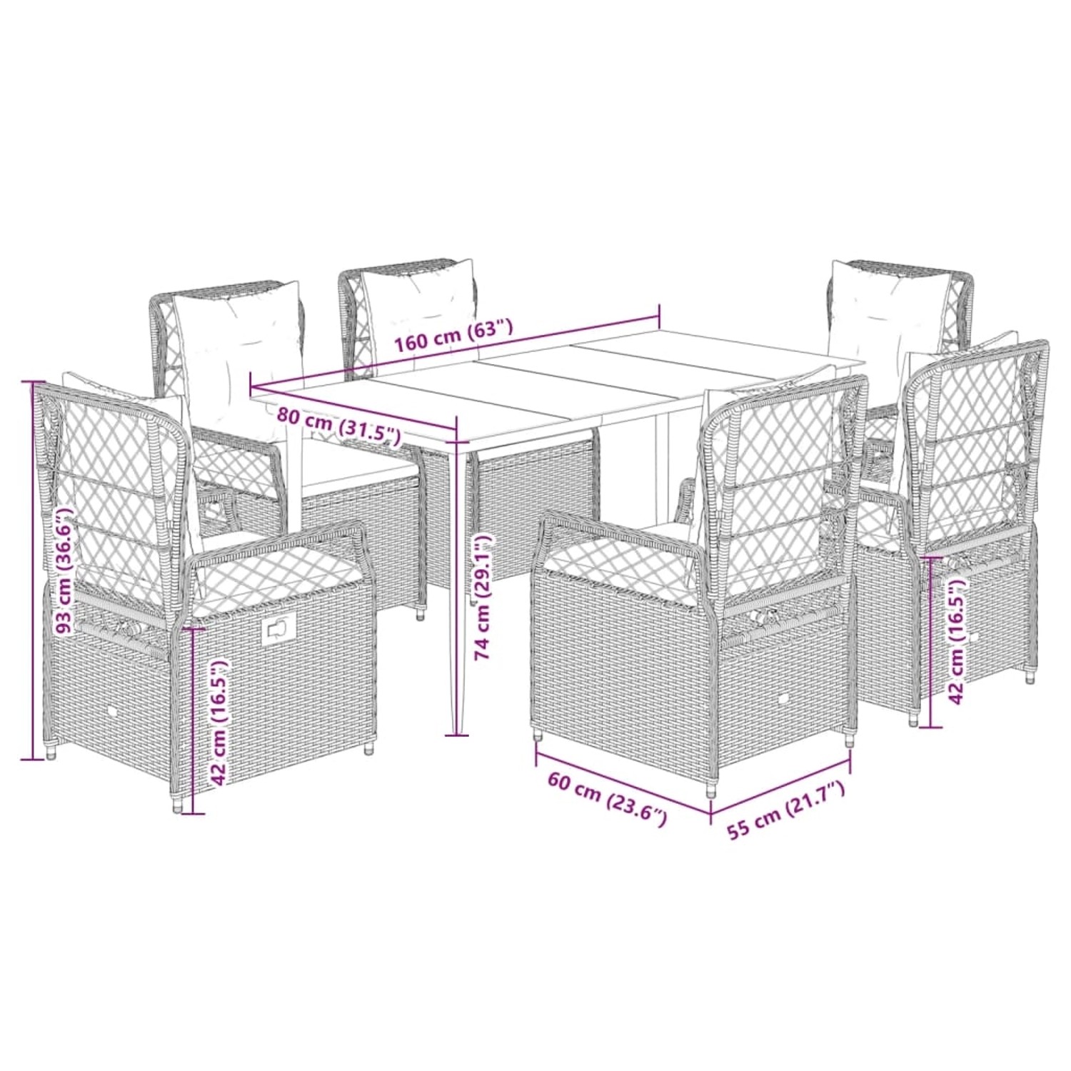 7-tlg. Garten Essgruppe mit beigen Kissen, Poly Rattan, inkl. Tisch und 6 Stühlen mit verstellbarer Rückenlehne.