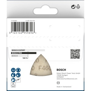 Bosch Delta-Schleifblatt F460 Körnung 120 für Holz & Lack. Dreieckiges Schleifpapier auf weißer Verpackung, 5er-Pack.