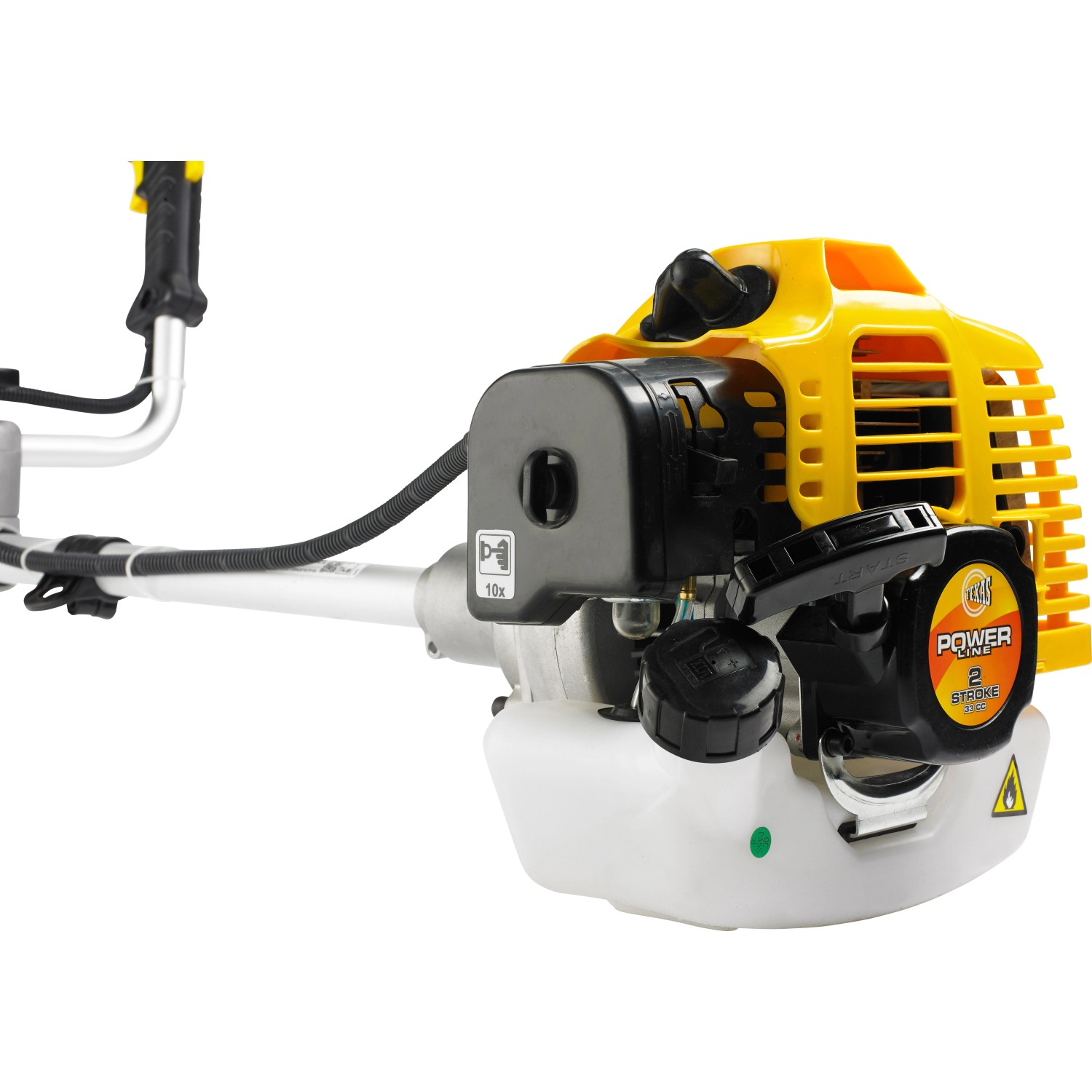 Texas BCU33S Benzin-Freischneider/Motorsense mit gelbem Motorblock und weißem Tank.