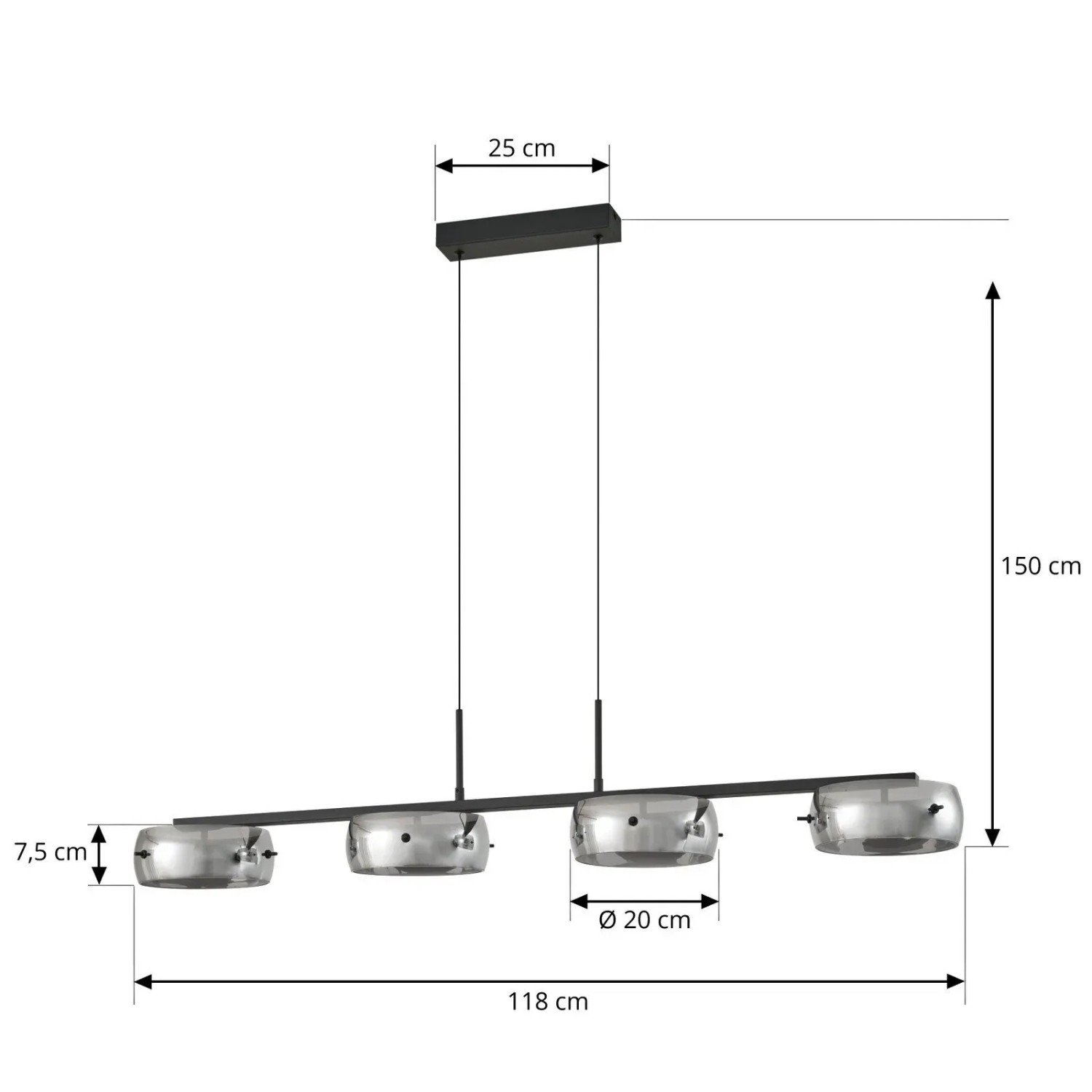 Moderne, dimmbare LED-Pendelleuchte Martis von Lucande, 4-flammig, schwarz mit Glaselementen. Ideal für Wohn- und Esszimmer.