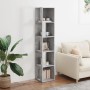 Eckregal Betongrau, 164,5 cm hoch, mit fünf Fächern für Bücher und Deko im Wohnzimmer.