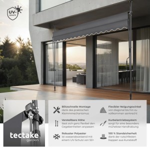 Tectake Klemmmarkise  Mit Handkurbel Uv Beständig 350 x 180 cm 180 x 350 x 304 cm Schwarz Grau