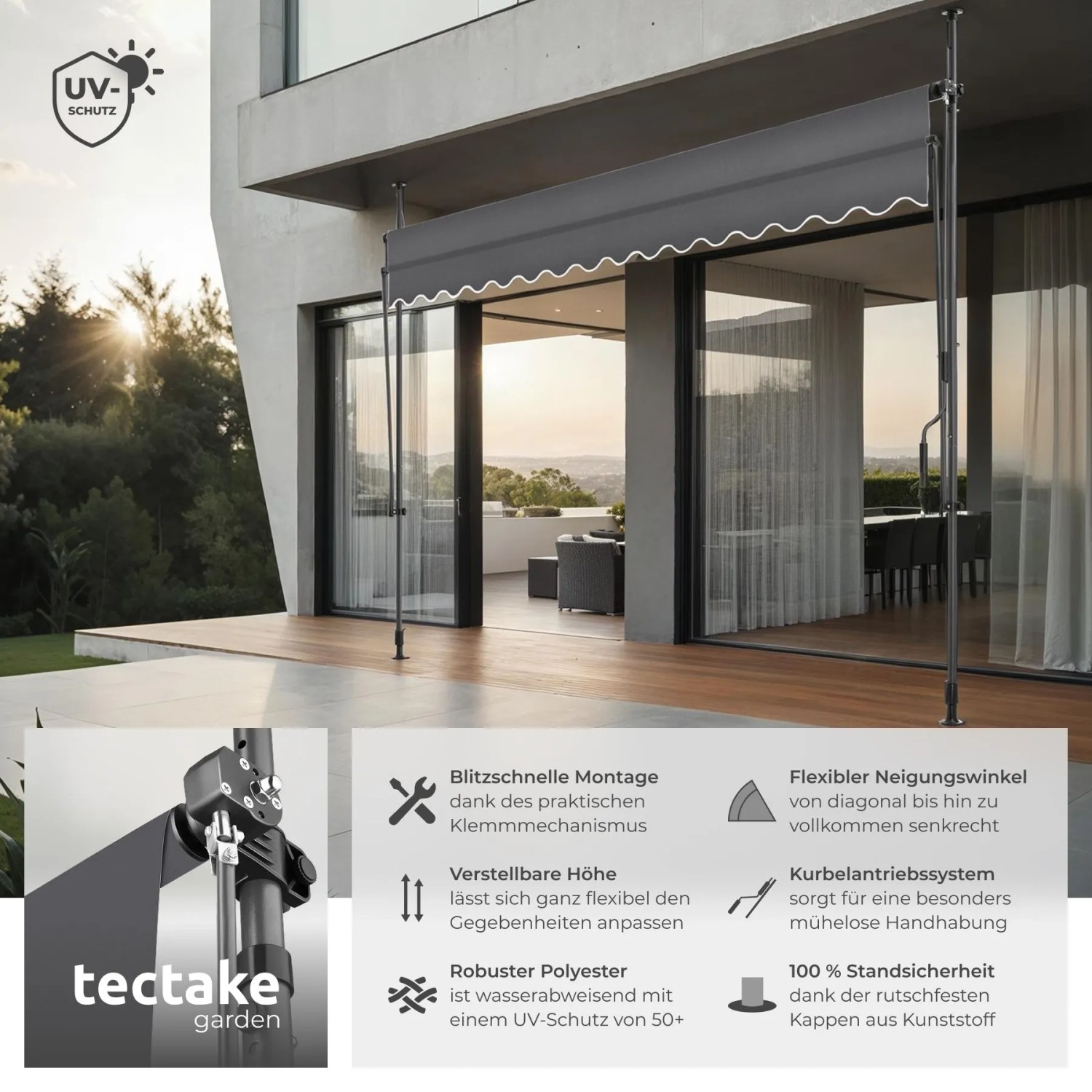 Tectake Klemmmarkise Schwarz Grau auf Balkon. UV-beständiger, wasserabweisender Sonnenschutz mit Kurbel.