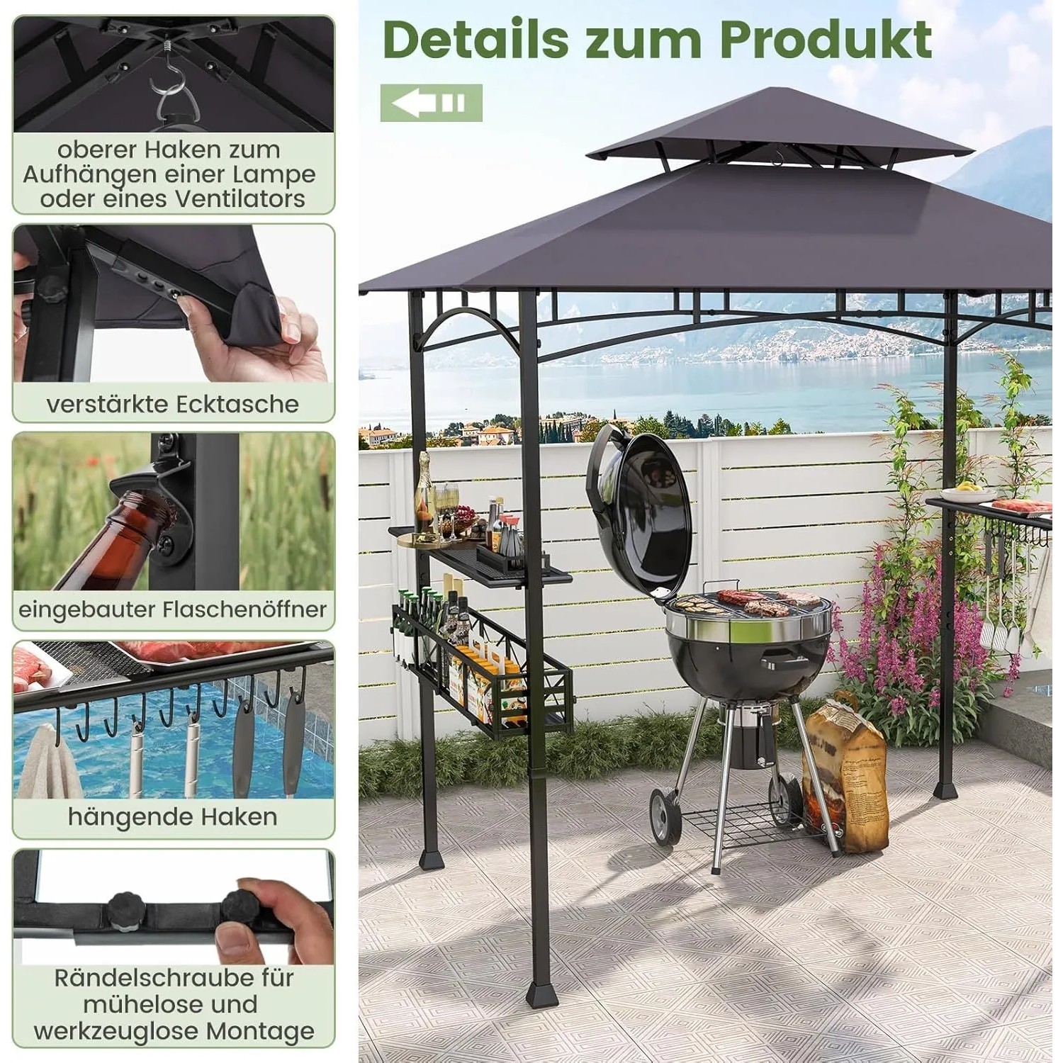 Costway Grillpavillon mit Doppeldach Seitenregalen Flaschenöffner Dunkelgrau_5