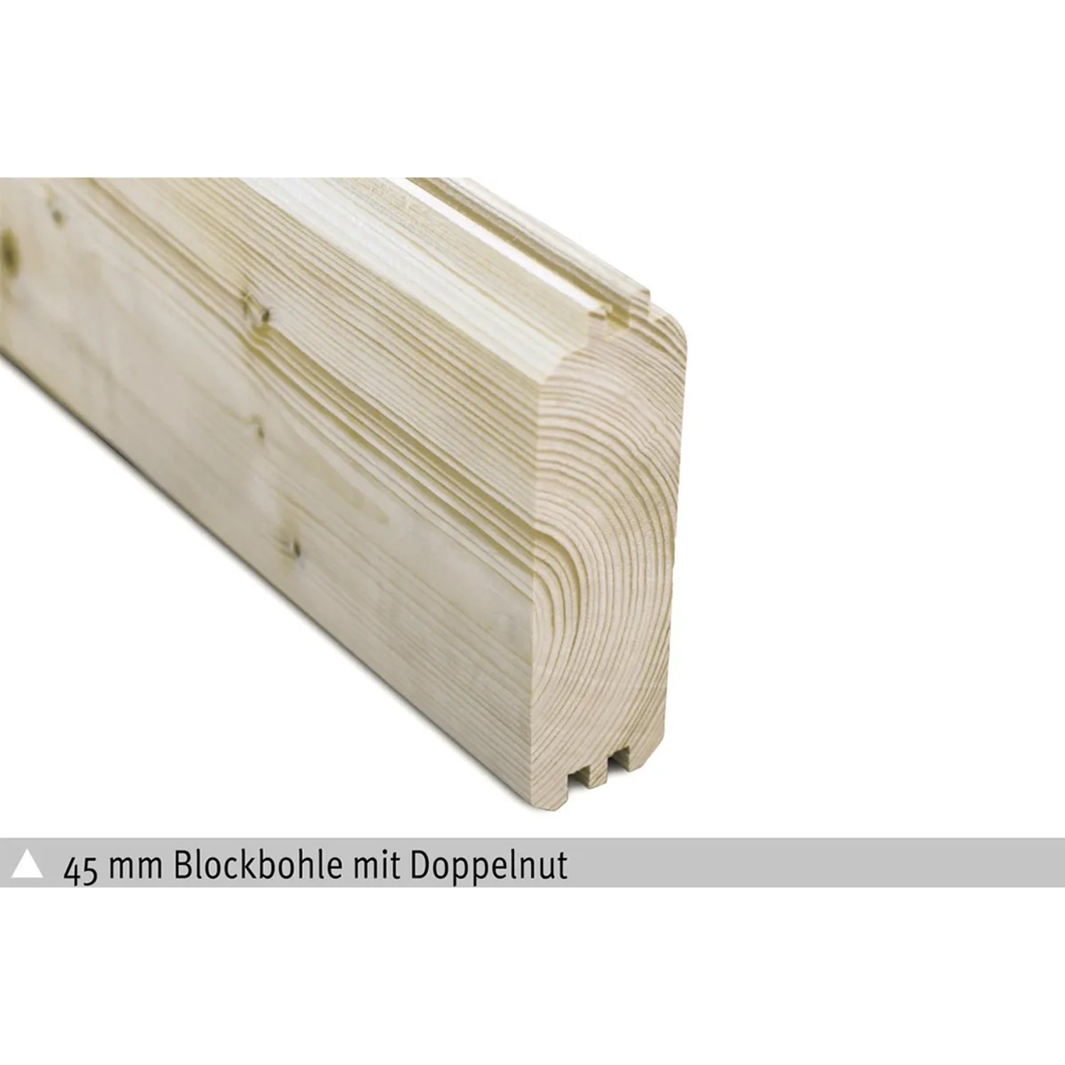 Detailaufnahme einer 45 mm Blockbohle mit Doppelnut für Skan Holz Gartenhaus Narvik 1.