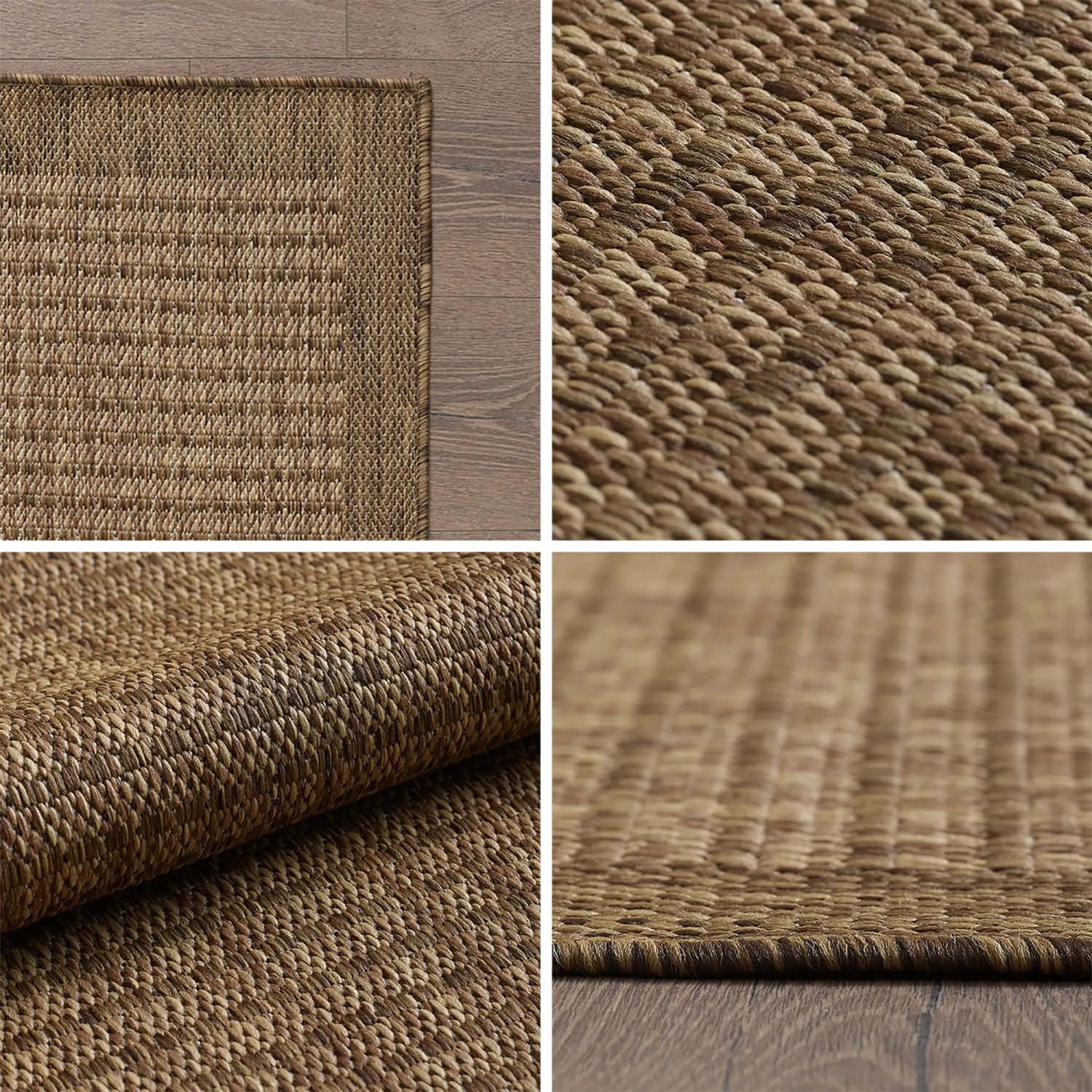 Detailansicht des braunen Ayyildiz Outdoor-Teppichs Giza 1410, 120x120 cm, in Sisal-Optik.