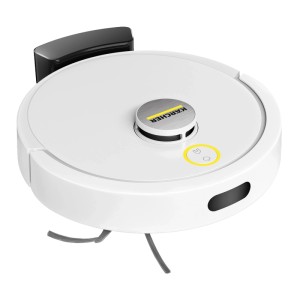 Weißer Kärcher Saug- und Wischroboter RVC 3 mit Ladestation, Seitenbürsten und Wischfunktion.