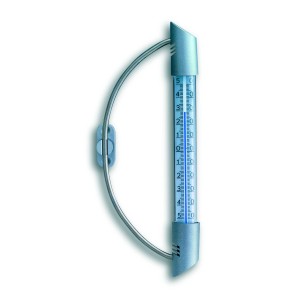 Silbernes TFA Fensterthermometer Orbis aus Edelstahl und Kunststoff.