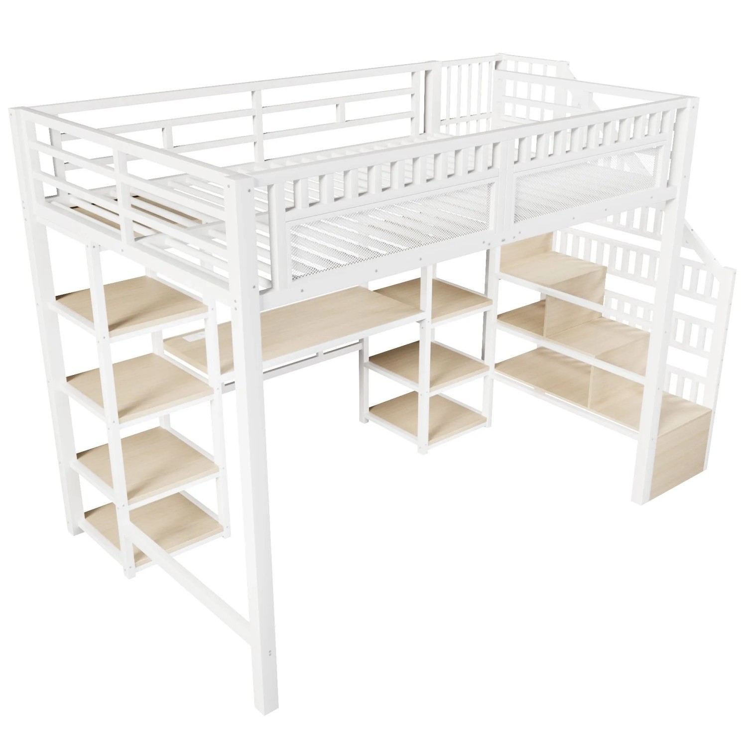 okwish Metall Hochbett 140x200cm mit Schreibtisch USB und Stauraum Weiß ohne Matratze