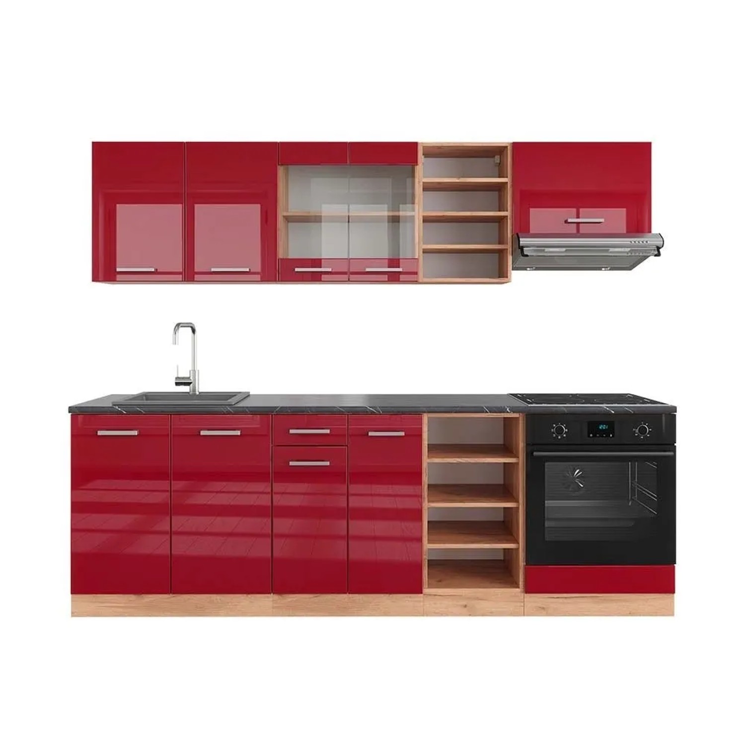 Vicco R-Line Küchenzeile Bordeaux Hochglanz Goldkraft Eiche 240 cm AP Anthrazit ohne E-Geräte