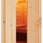 Karibu Sauna Energiespartür aus Holz mit Glaseinsatz und Griff im Karibu Design.