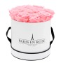 Rosenbox mit 14 rosa Rosen in weiß-schwarzer Box (Ø 19cm).