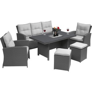 6-teiliges Lounge-Set Vermont mit Esstisch, Polyrattan Deep Water Concrete, für Garten und Terrasse.