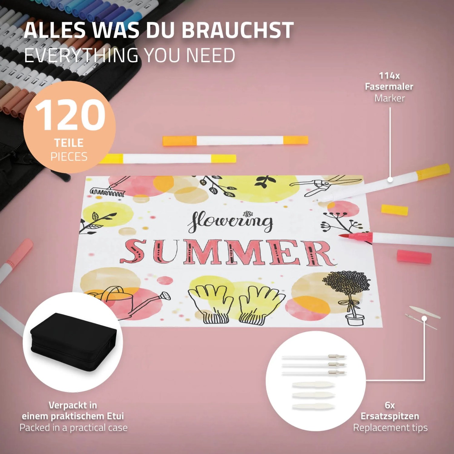 ECD Germany Doppelfasermaler Set mit 120 Farben im Etui, ideal zum Basteln und Malen.