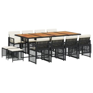 Schwarze 13-tlg. Garten Essgruppe aus Polyrattan mit Akazienholztisch und cremeweißen Kissen.