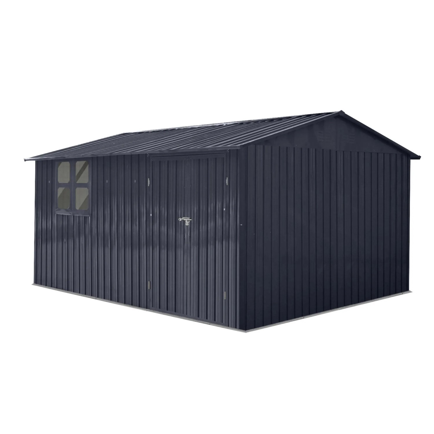 Großes Albatros Gerätehaus XXXL aus verzinktem Metall in Anthrazit. Mit Fenster und Doppeltür. Wetterfester Geräteschuppen.