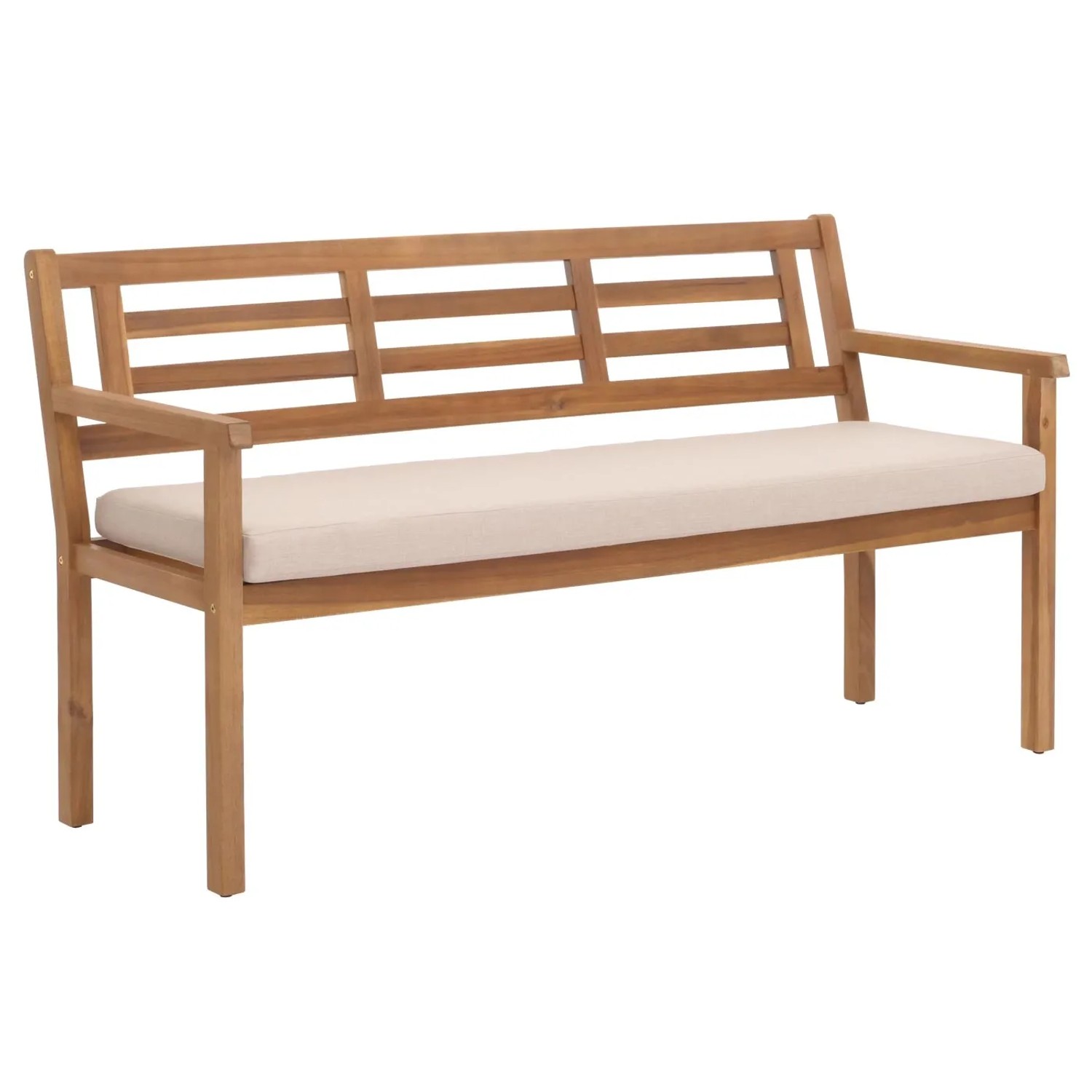 MCW Gartenbank N47 aus Akazienholz mit creme-beigem Kissen.