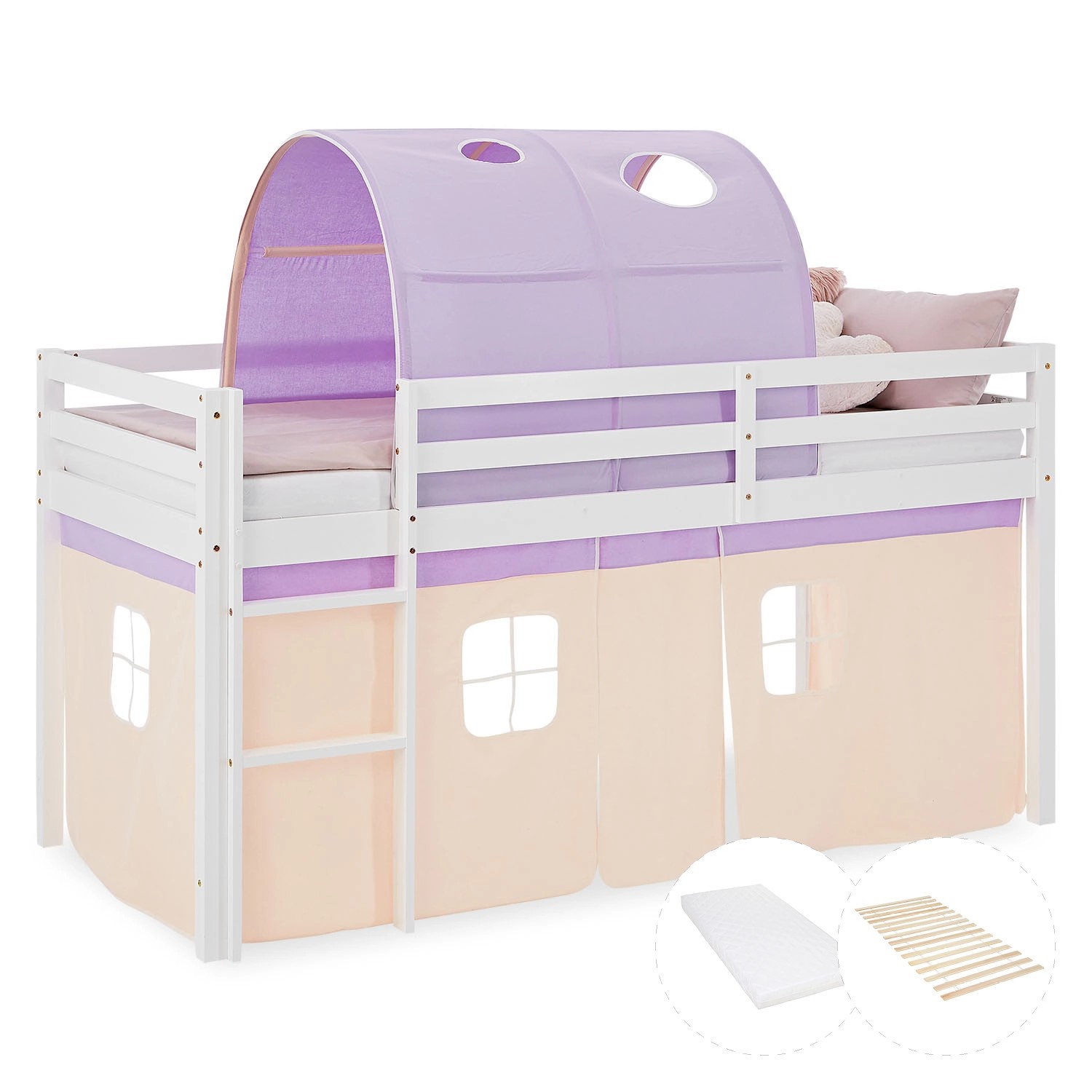 Homestyle4u Kinder Hochbett 90x200 mit Matratze Tunnel Vorhang Lila Orange günstig online kaufen