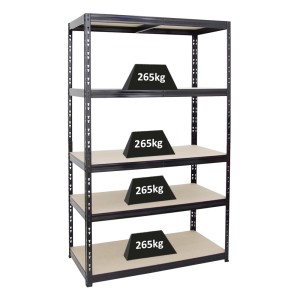 Schwarzes PROREGAL Schwerlastregal Giant Tiger mit 5 Ebenen und Gewichten auf den Regalböden.