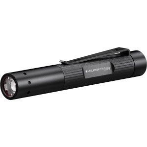 Schwarze Ledlenser P2R Core Taschenlampe mit Clip, ideal für Werkstatt und Freizeit.