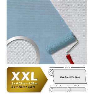 Weiße, überstreichbare XXL Vliestapete mit Glasfasermuster und Farbroller.