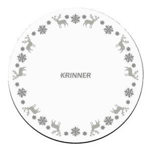 Weiße Krinner Weihnachtsbaum-Unterlegdecke (Ø 60 cm) mit Hirsch- und Schneeflockenmuster.