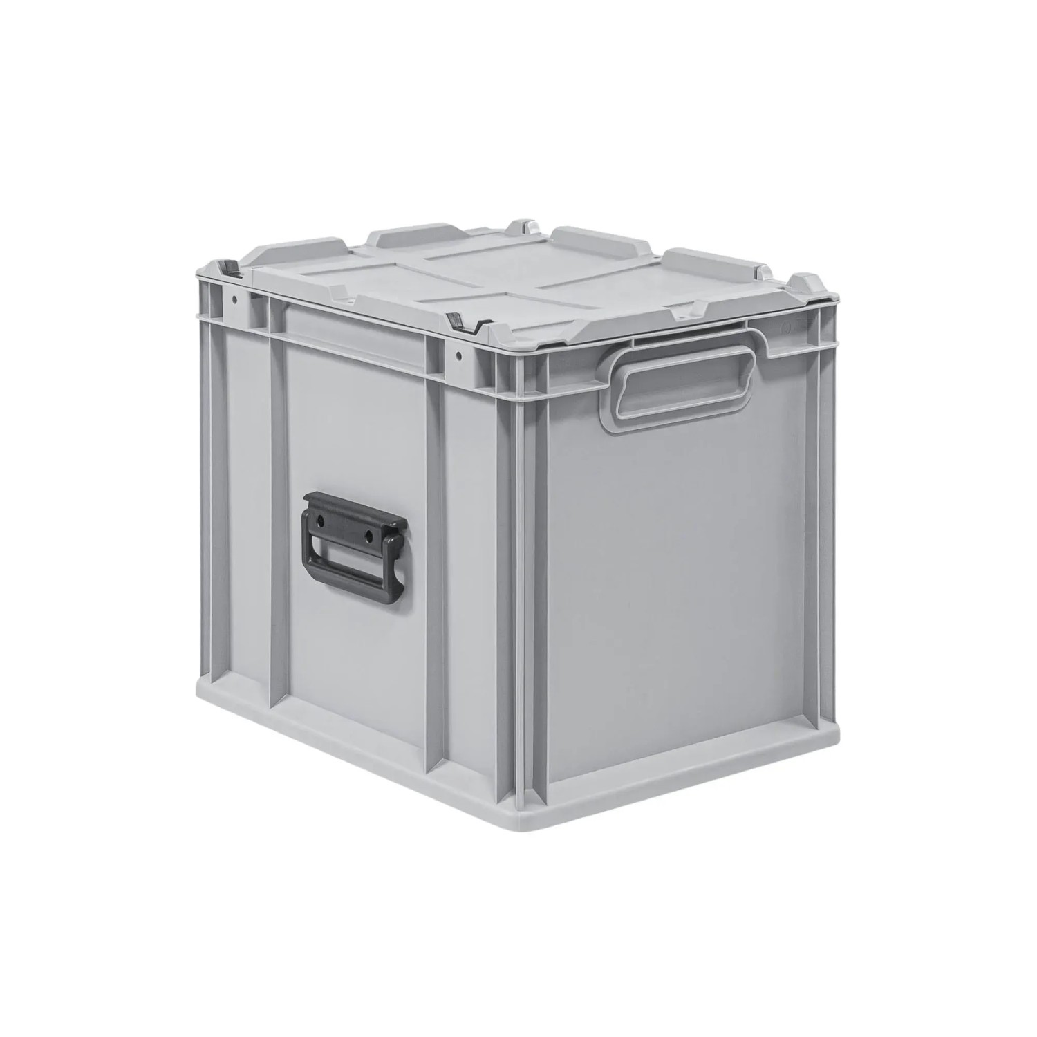 Graue PROREGAL Eurobox Nextgen Portable aus Kunststoff mit Deckel, Tragegriff und Griffmulden. 30 Liter Stapelbehälter.