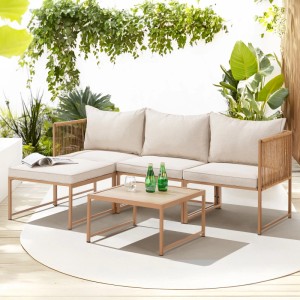 Beige Svita Detroit Polyrattan Gartenlounge mit Tisch und Kissen als modulares Ecksofa.