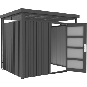 Floraworld Gerätehaus Premium mit Oberlicht, Metallic-Grau, Tür geöffnet.