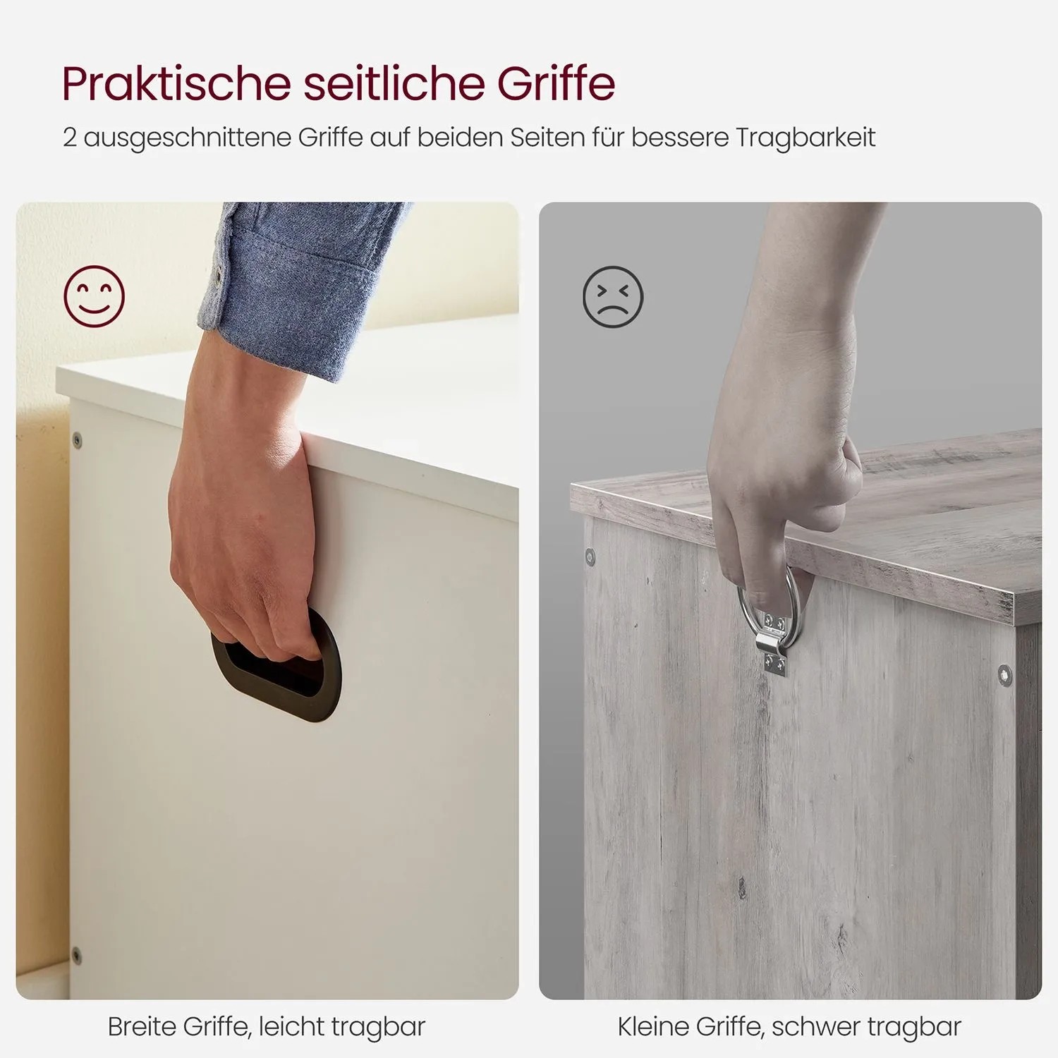 Details der Vasagle Sitzbank mit Stauraum: Griffe in Weiß und Holzoptik für einfachen Transport.