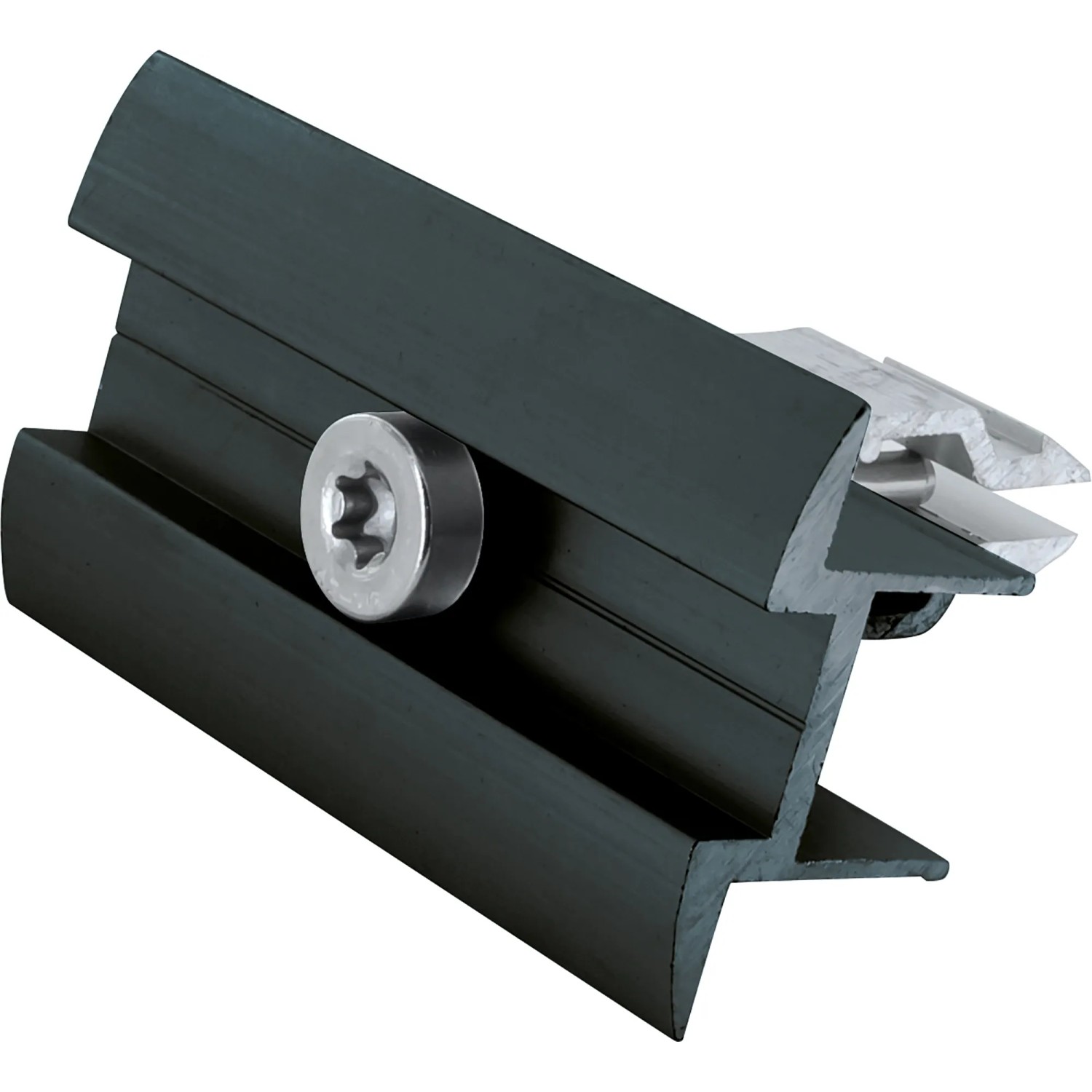 Detailaufnahme des Schwaiger Dachziegel Montage-Sets für PV-Module, bestehend aus Schraube und Halterung.