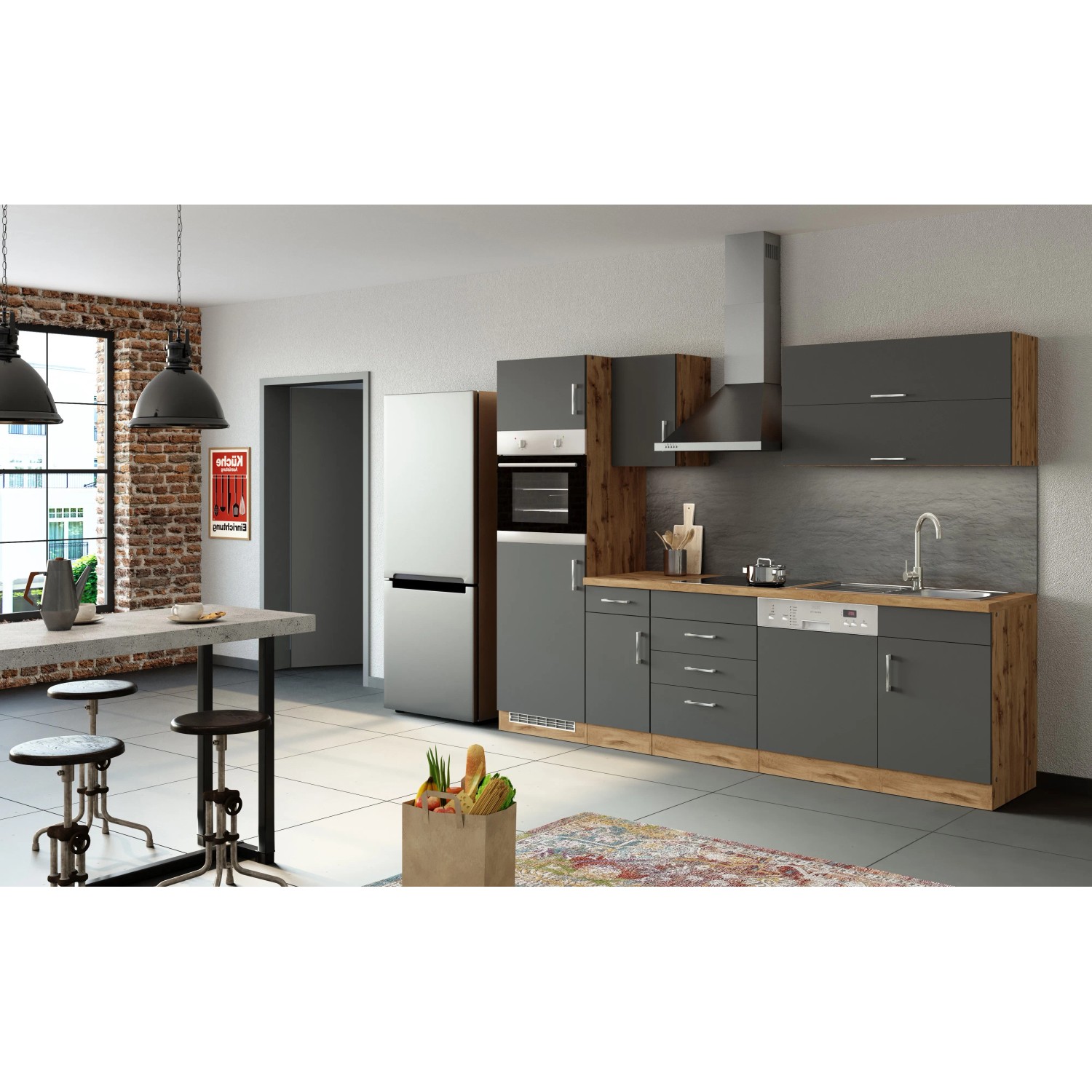 Moderne Held Möbel Küchenzeile Sorrento, 270 cm, Anthrazit und Wotaneiche, ohne E-Geräte.