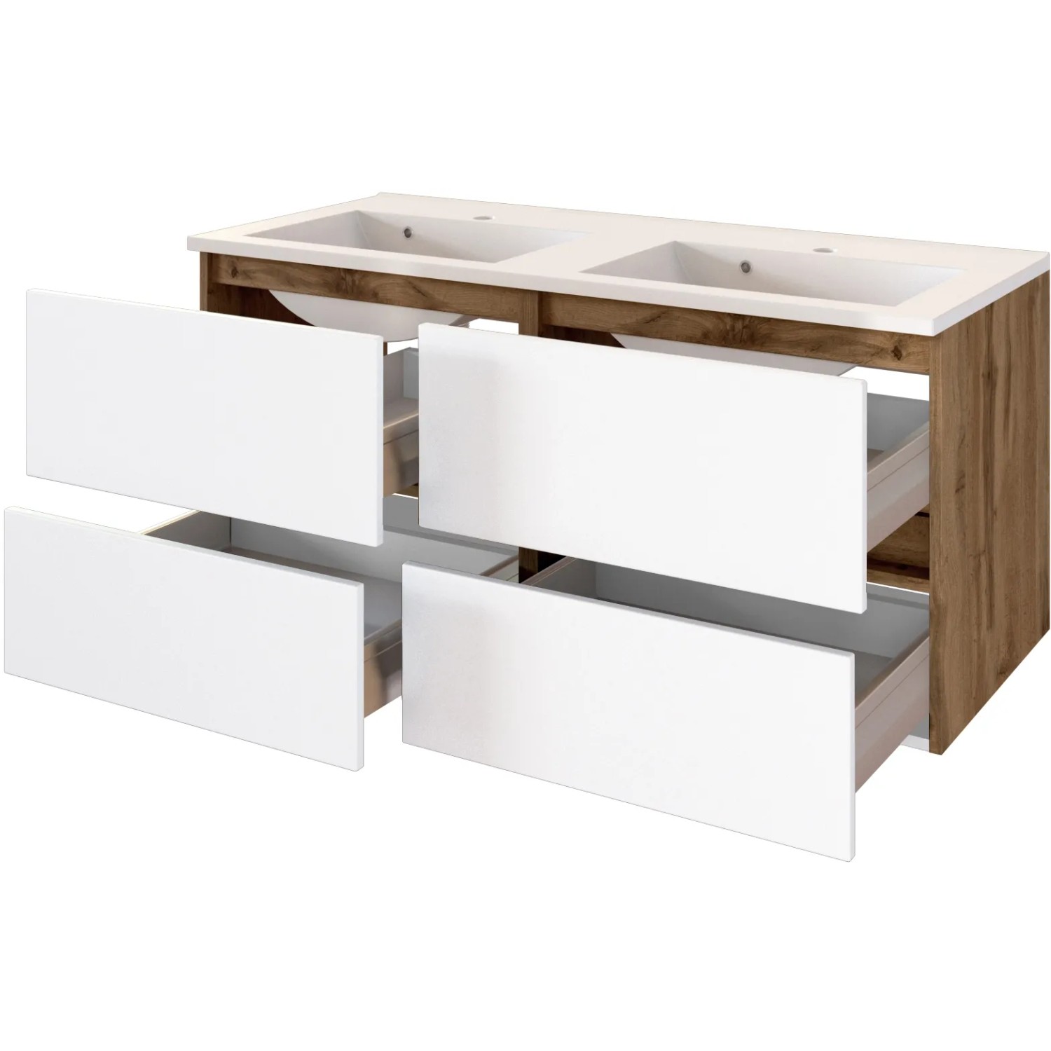 Held Möbel Doppelwaschtisch Bari 120 cm, weiß matt, mit 2 Waschbecken und 4 Schubladen.