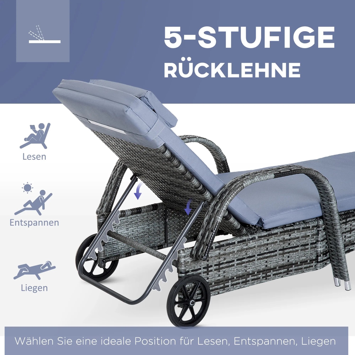 Outsunny Sonnenliege mit 5-fach verstellbarer Rückenlehne und Rollen.