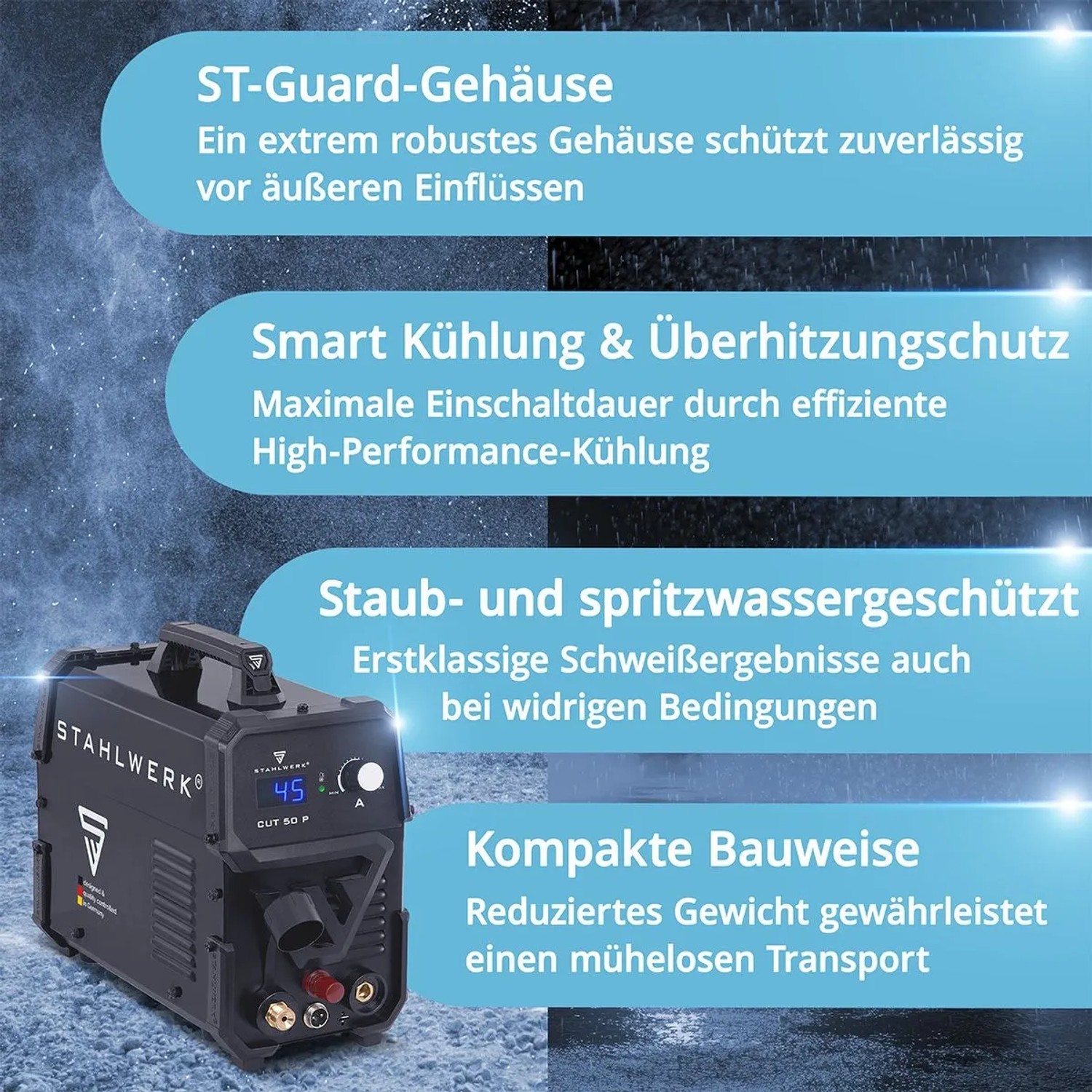 STAHLWERK Plasmaschneider CUT 50 P, 45 Ampere, 15mm Schneidleistung, robustes Gehäuse.