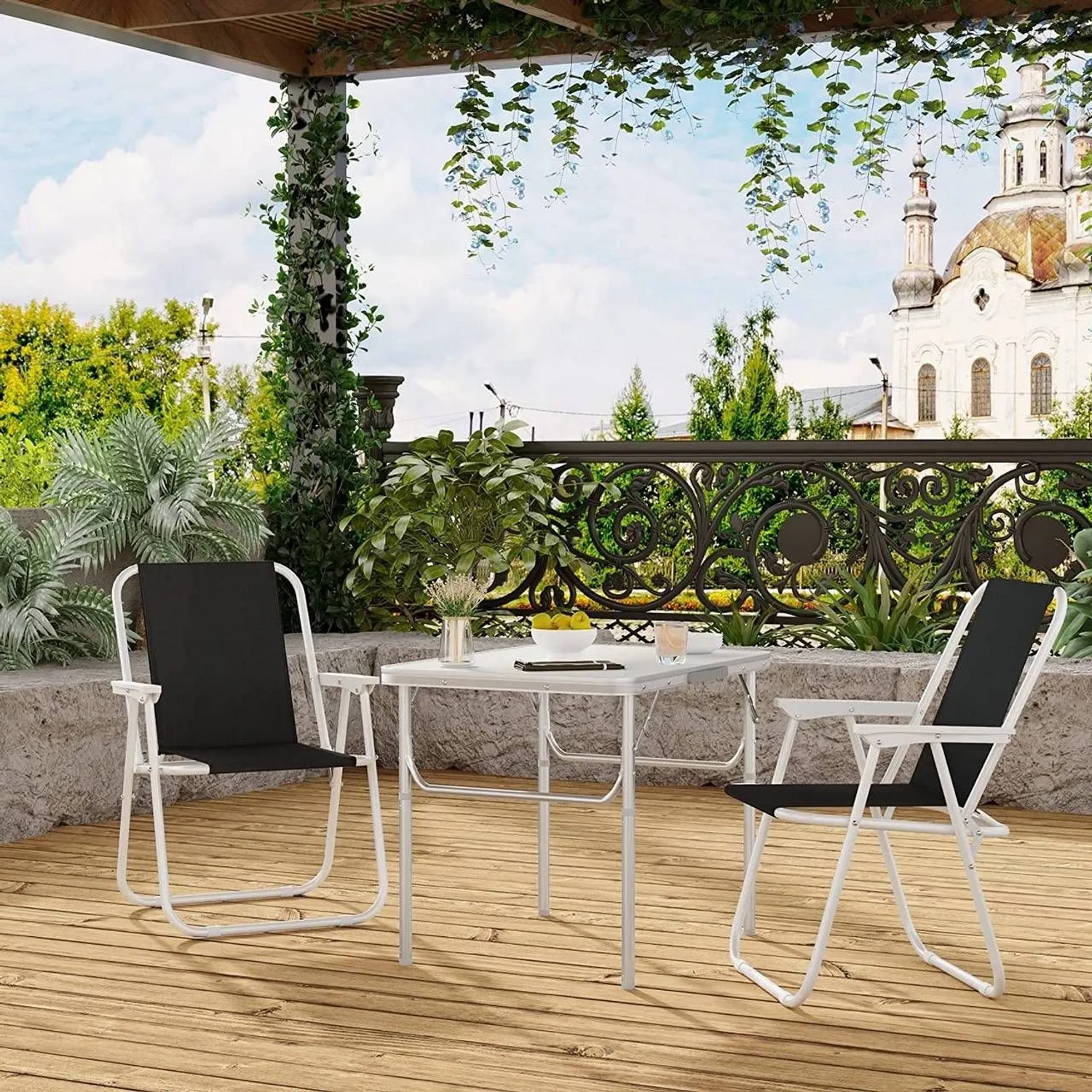 2er Set: Schwarze WOLTU Campingstühle, faltbar, mit weißem Gestell auf einer Terrasse.