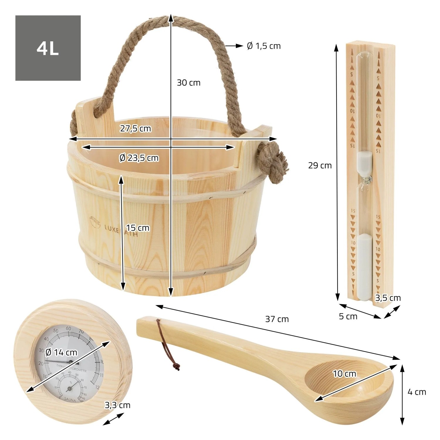 LuxeBath Saunazubehör Set 4 Teilig aus Holz Saunaeimer 4L Saunakelle Thermometer-Hygrometer Sanduhr_7