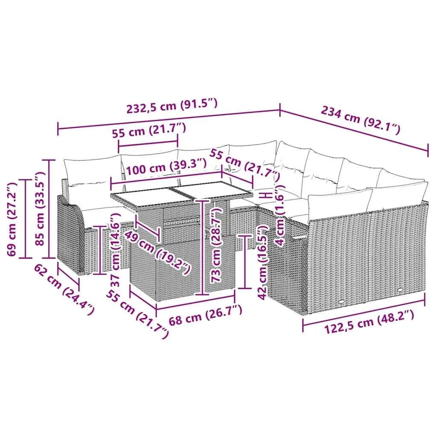 Beiges 9-teiliges Garten-Sofa-Set aus Poly Rattan mit Maßen.