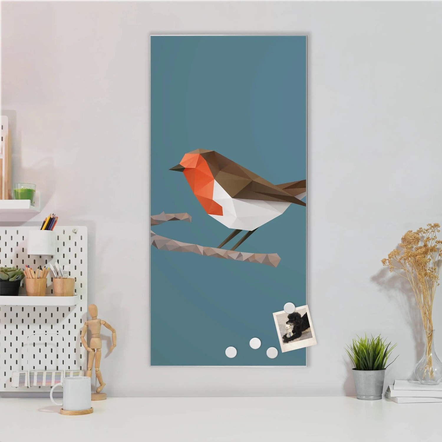 Silberne Magnettafel 37x78cm mit abstraktem Vogel als Wanddeko inkl. Magnete.