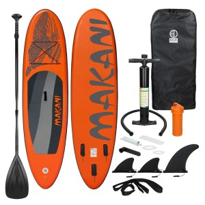 Aufblasbares, oranges Stand Up Paddle Board (SUP) Makani mit Zubehör wie Paddel, Pumpe und Tragetasche.